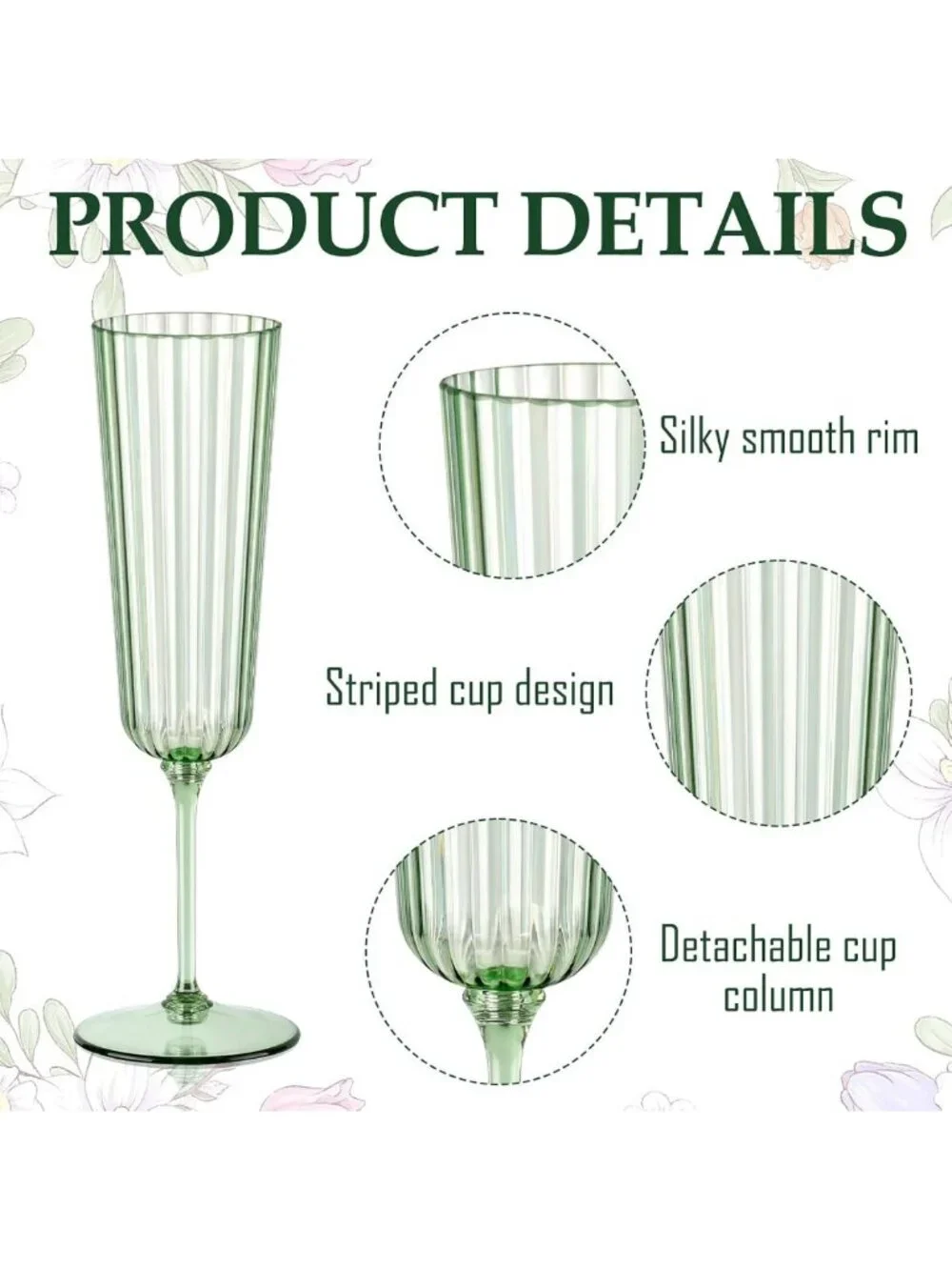 48 Pack Sage Green Unbreakable Champagne Flutes - Ribbed Disposable Wine Glasses